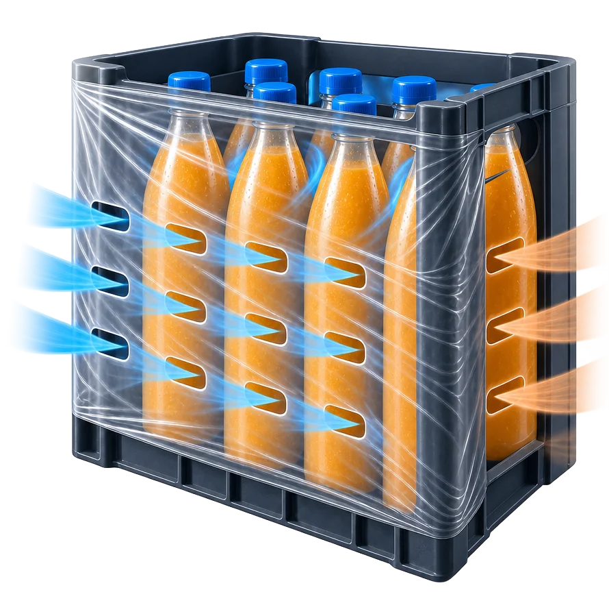 Air circulating around hot-filled beverages so that loads cool, freeze and aerate faster. 