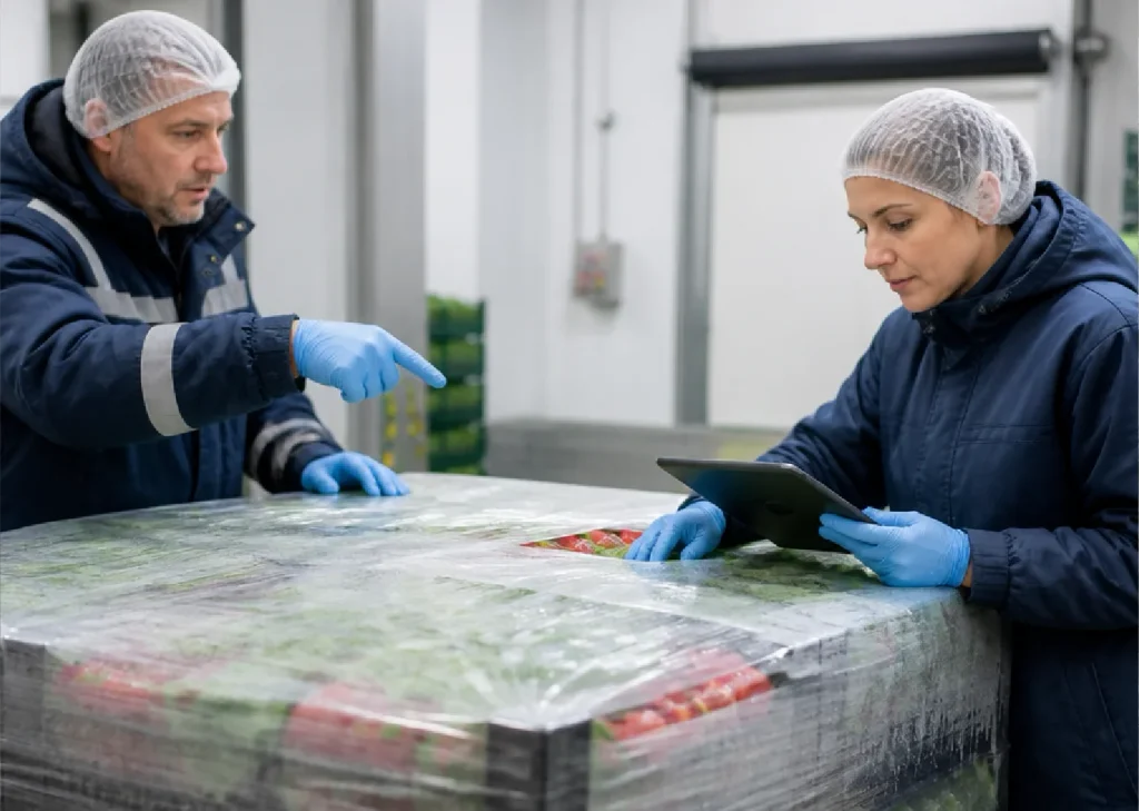 inside a clean food-processing or cold-storage facility. An experienced packaging specialist and an operations manager inspect a pallet of fresh produce packed in open plastic crates and wrapped with conventional clear stretch film.