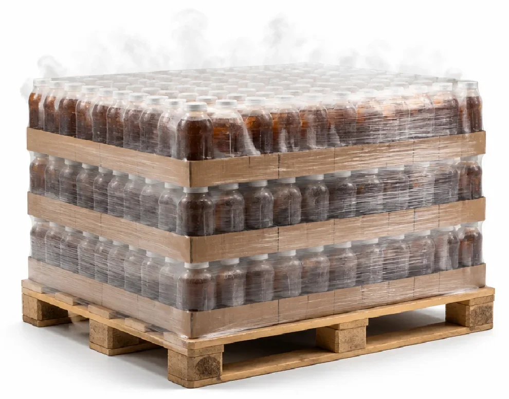 A skid of product that has been wrapped tightly with standard film has trapped heat that is visible as steam coming off of the bottles. 