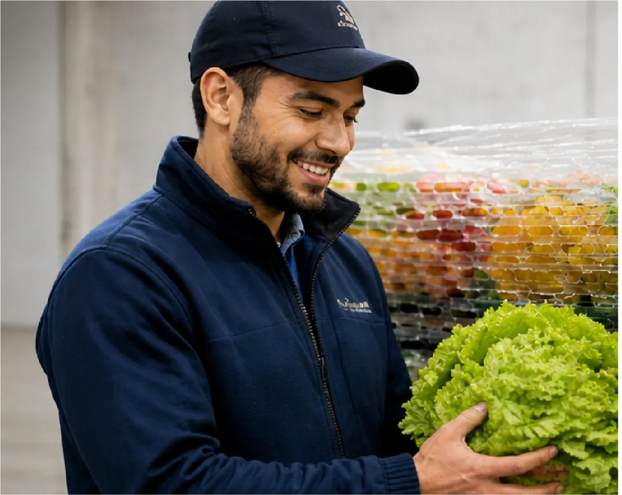 A worker unwraps fresh produce from a skid that has been wrapped with AirFlow film. 