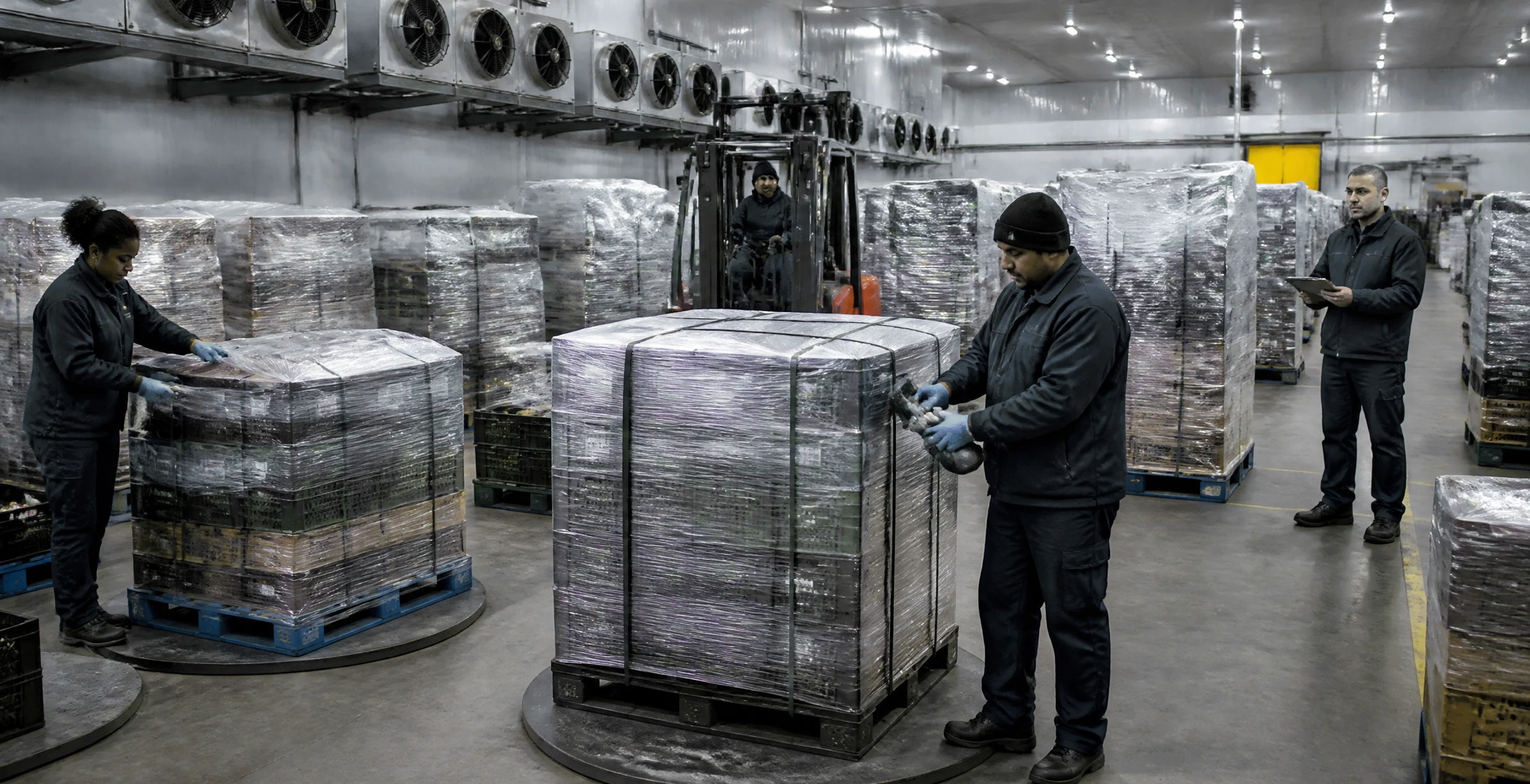 Workers are trying to secure loads in a packing warehouse. One worker ropes a skid. 