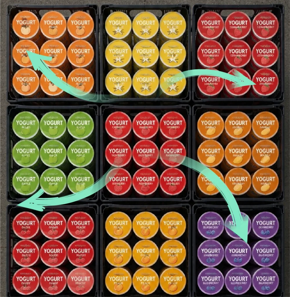 Arrows over a palette of brightly coloured containers of yogurt that is in crates and prepared for shipping, indicate airflow all around the products. 