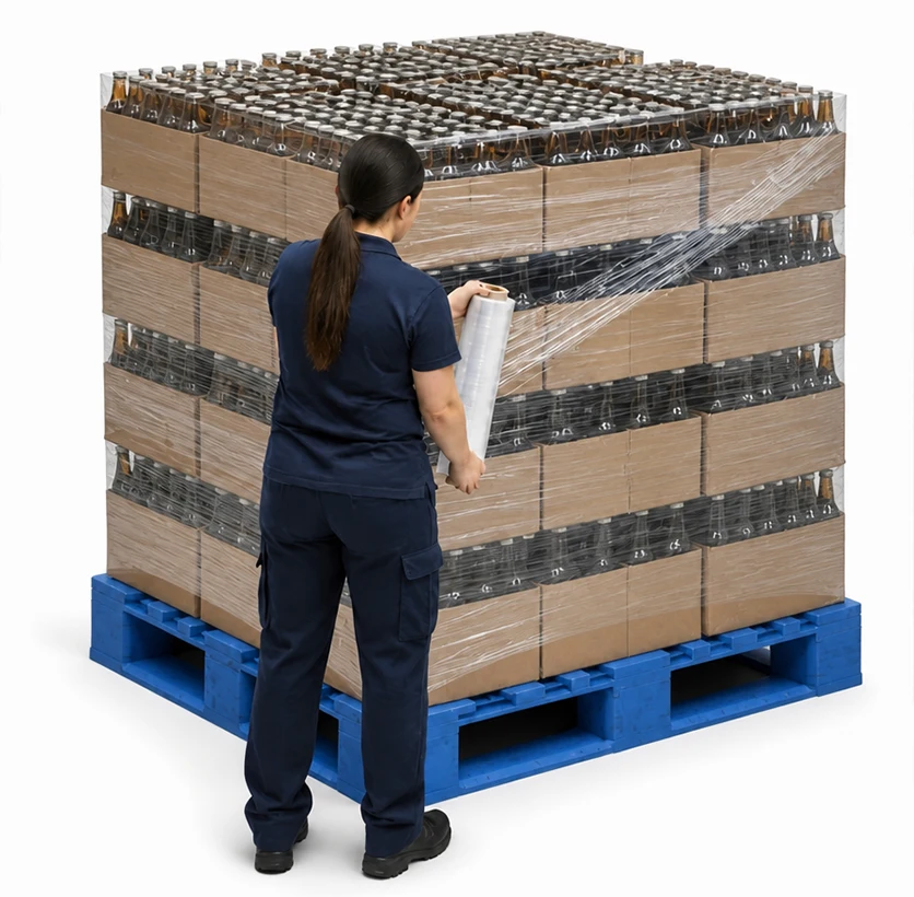 A worker is trying to wrap a skid manually with standard film. 